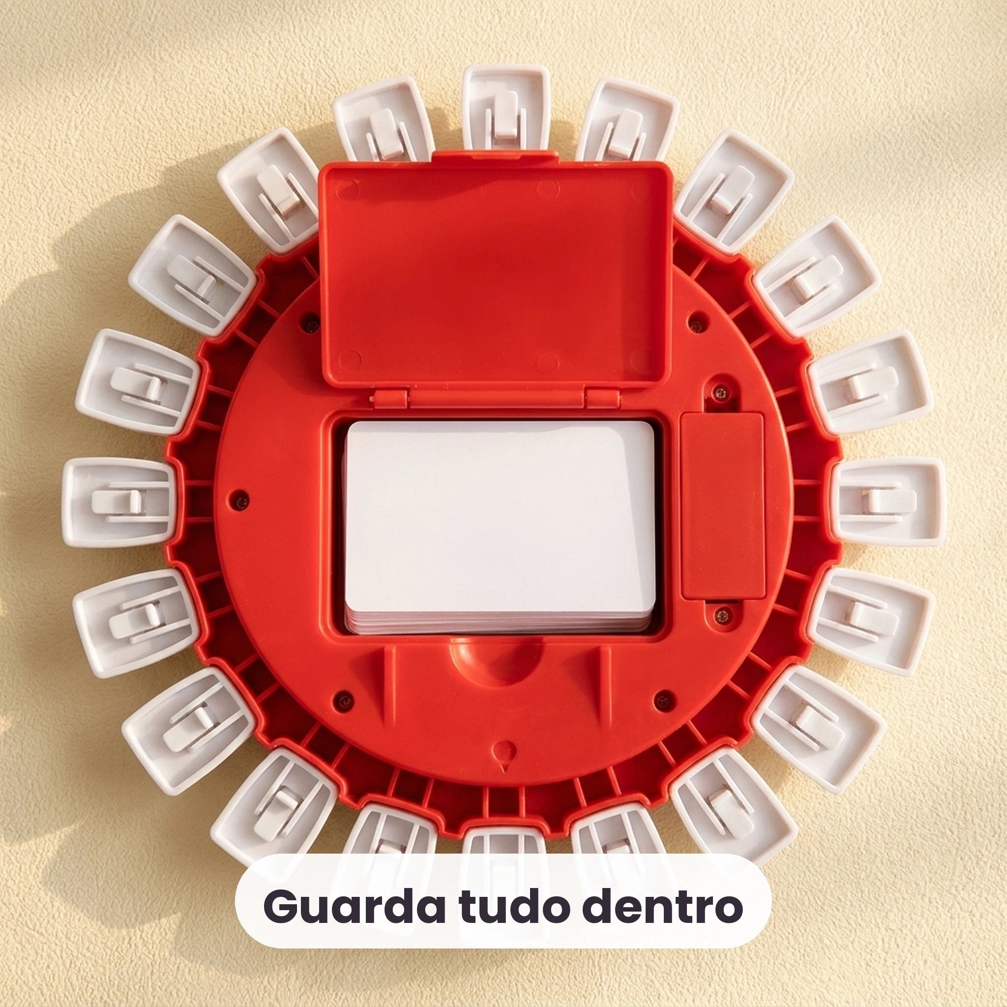 Verso do tabuleiro Word Rush com compartimento interno para guardar cartas e peças
