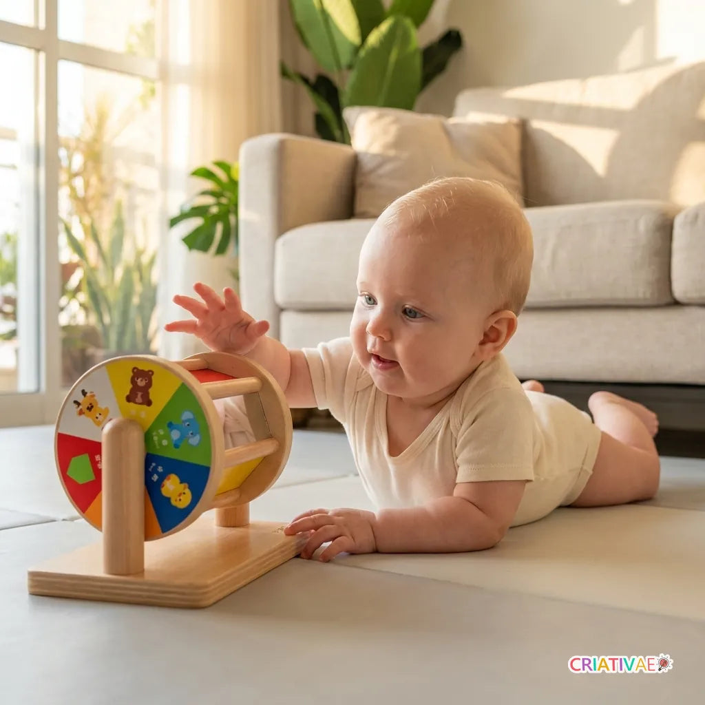 Bebe de bruços alcançando o tambor Tumble Kids na sala