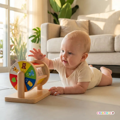 Bebe de bruços alcançando o tambor Tumble Kids na sala
