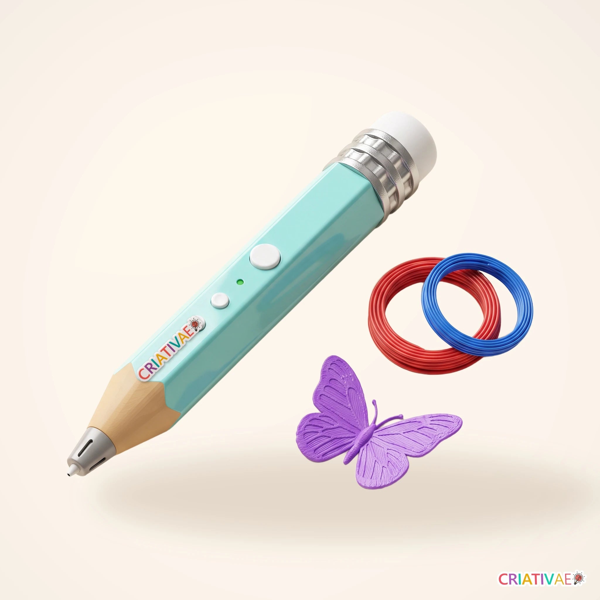 Caneta 3D infantil Air Pen Criativae azul, corpo hexagonal de lapis, com filamentos e borboleta impressa