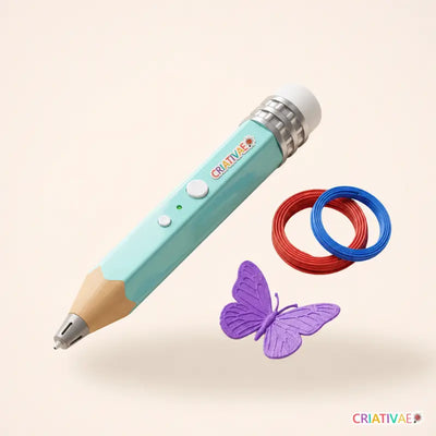 Caneta 3D infantil Air Pen Criativae azul, corpo hexagonal de lapis, com filamentos e borboleta impressa