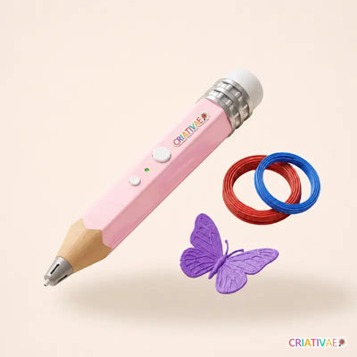 Caneta 3D infantil Air Pen Criativae rosa, corpo hexagonal de lapis, com filamentos e borboleta impressa