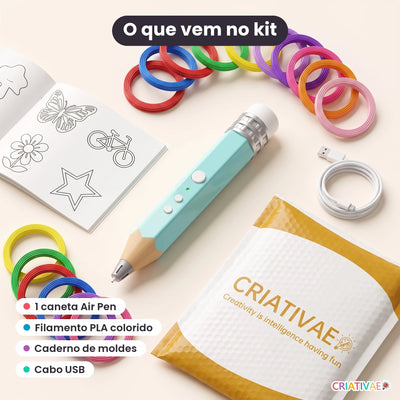 O que vem no kit da caneta 3D Air Pen: caneta, filamento PLA, caderno de moldes e cabo USB