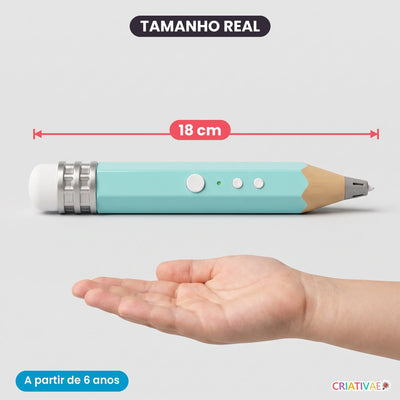 Tamanho real da caneta 3D Air Pen: 18 cm ao lado da mao de uma crianca