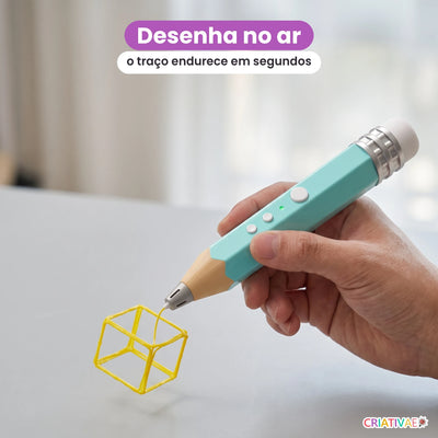 Caneta 3D Air Pen desenhando um cubo suspenso no ar com filamento amarelo