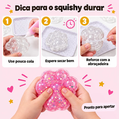 Dica para o squishy durar: pouca cola, espere secar e reforce com a abraçadeira
