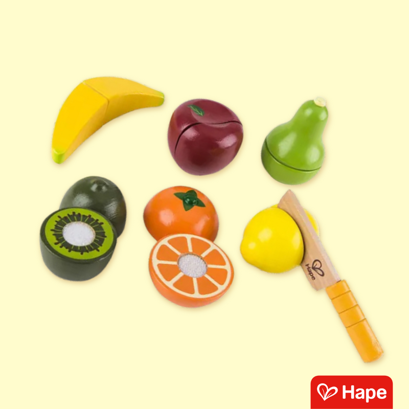 Conjunto Premium de Frutas de Madeira – Brinquedo Educativo Sensorial com Faca Infantil – Hape