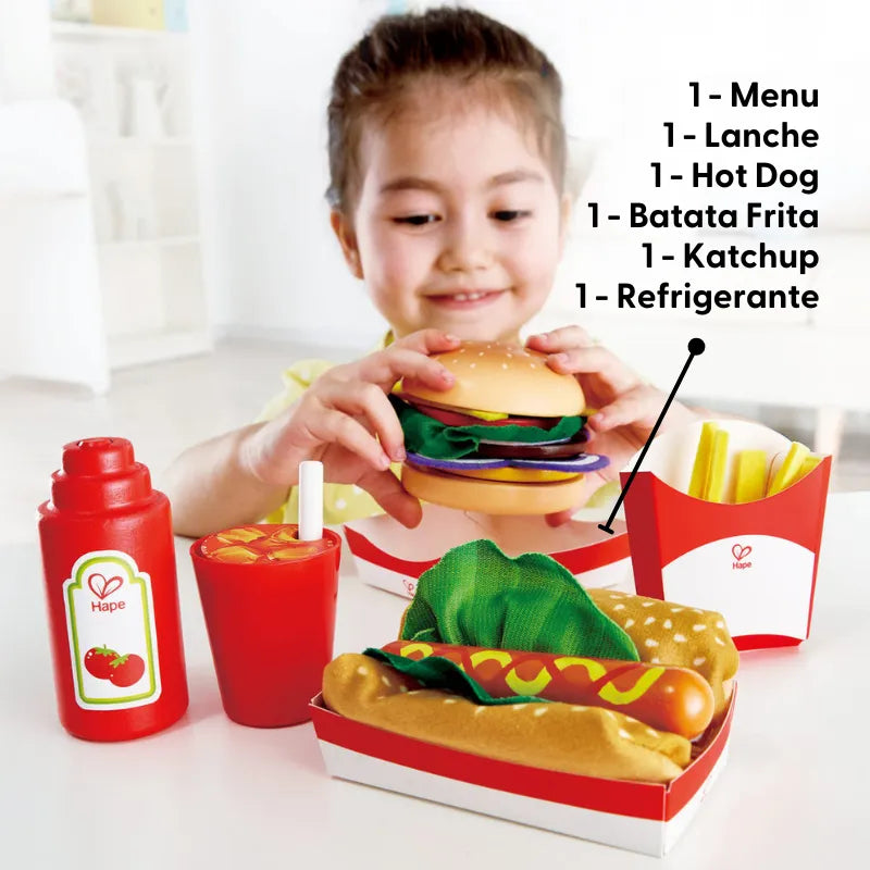 Kit Fast Food Infantil de Madeira e Feltro: Hambúrguer, Hot Dog e Bata