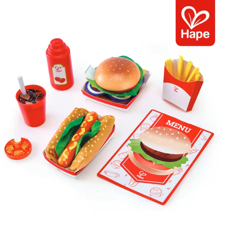 Kit Fast Food Infantil de Madeira e Feltro: Hambúrguer, Hot Dog e Batata Frita | Hape