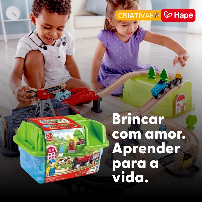 Conjunto de Trem de Madeira 50 Peças Engenharia com Guindaste Magnético | HAPE
