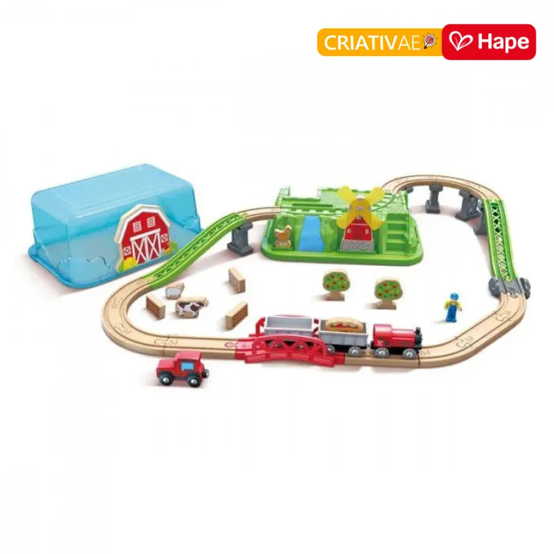 Pista de Trem de Madeira Fazenda com Caixa de Armazenamento 41 Peças | HAPE