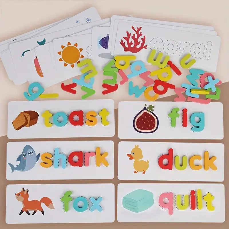 Jogo de Alfabetização e Ortografia para Crianças - Aprender a Soletrar com Cartas e Letras de Madeira | CRIATIVAE