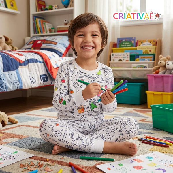 Menino sentado no tapete do quarto colorindo o Pijama Mágico Criativaê tema Escolar com canetinhas laváveis