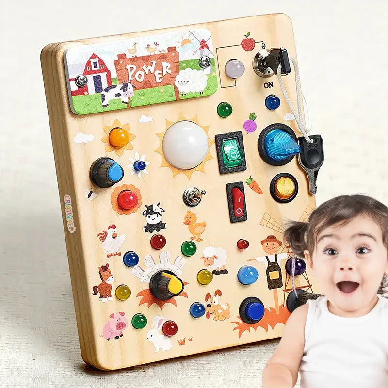 Painel de Atividades Montessori com Luzes LED e Tema de Fazenda – Brinquedo Educativo de Madeira | CRIATIVAE