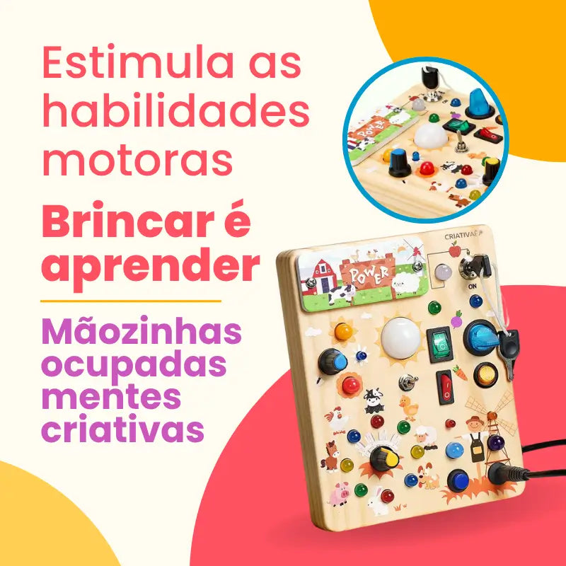 Painel de Atividades Montessori com Luzes LED e Tema de Fazenda – Brinquedo Educativo de Madeira | CRIATIVAE