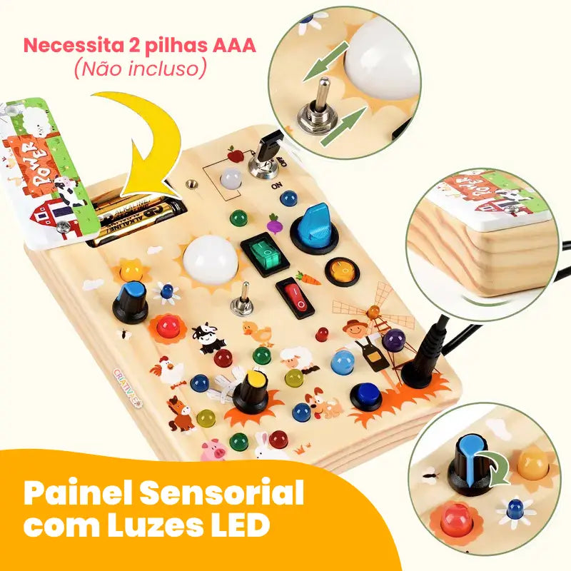 Painel de Atividades Montessori com Luzes LED e Tema de Fazenda – Brinquedo Educativo de Madeira | CRIATIVAE