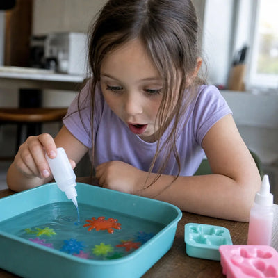Menina encantada criando bichinhos de gel 3D na água com o kit Áqua Fairy