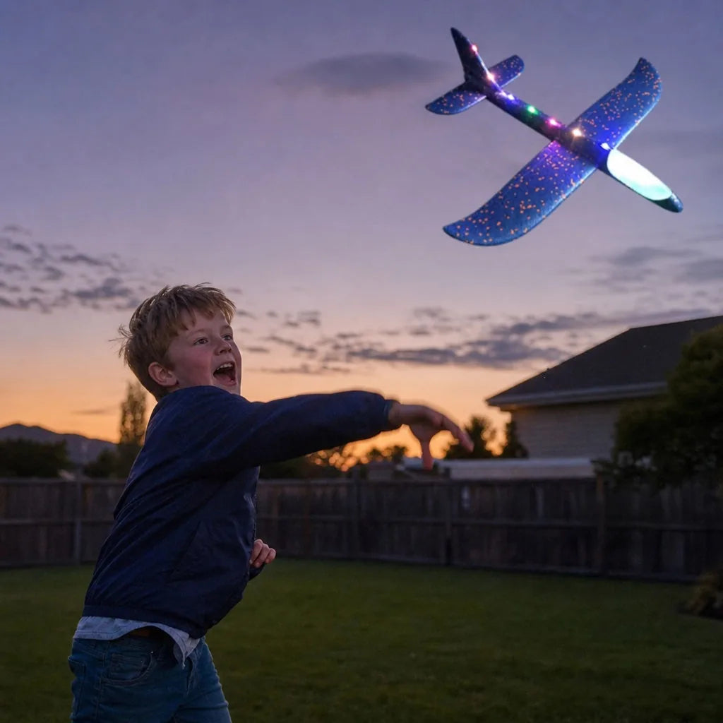 Menino lançando o avião planador FlexFly Criativaê com luz LED no quintal ao entardecer