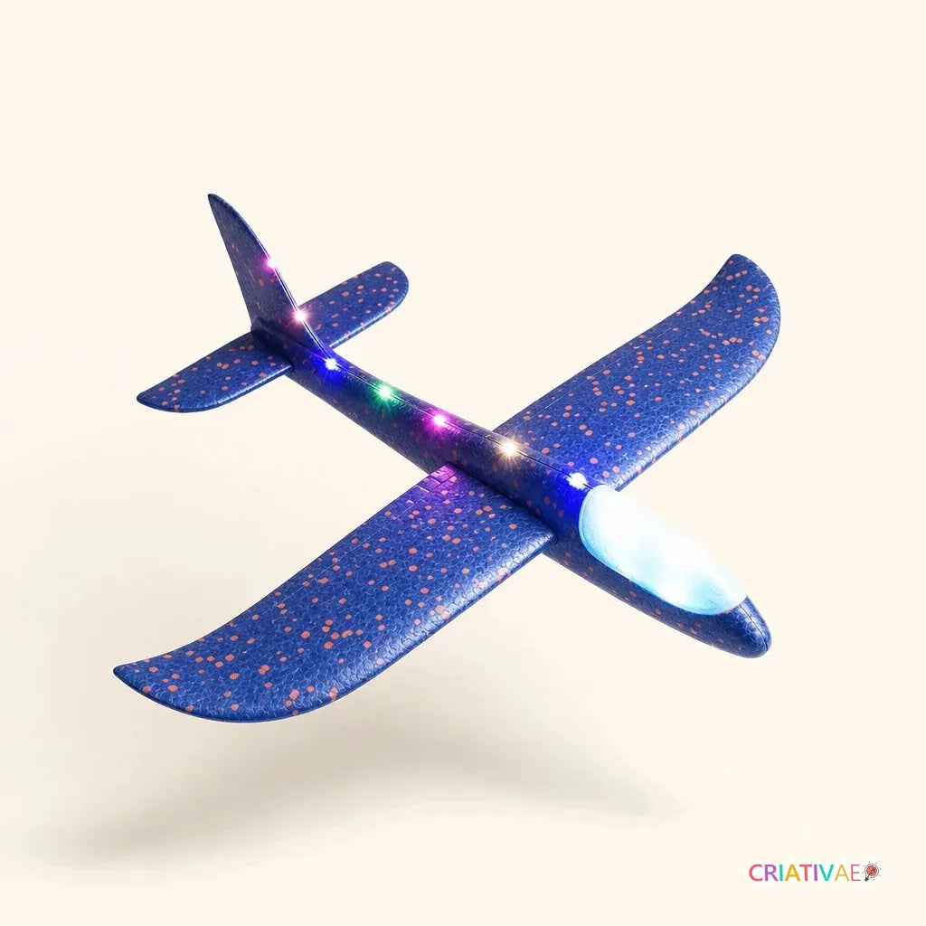 Avião FlexFly Criativaê planador azul com luz LED em pleno voo