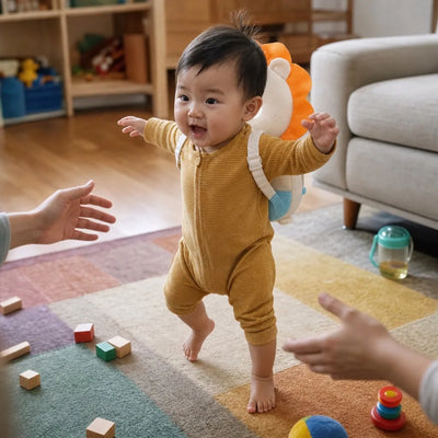 Bebê dando os primeiros passos com a almofada protetora de cabeça Baby Care nas costas