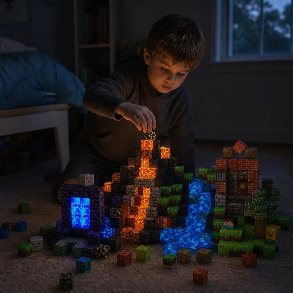 Menino montando blocos magnéticos iluminados no quarto à noite