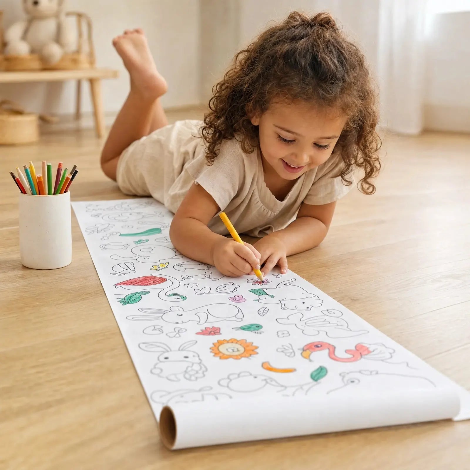 Menina colorindo a bobina de desenhos de 3 metros esticada no chão