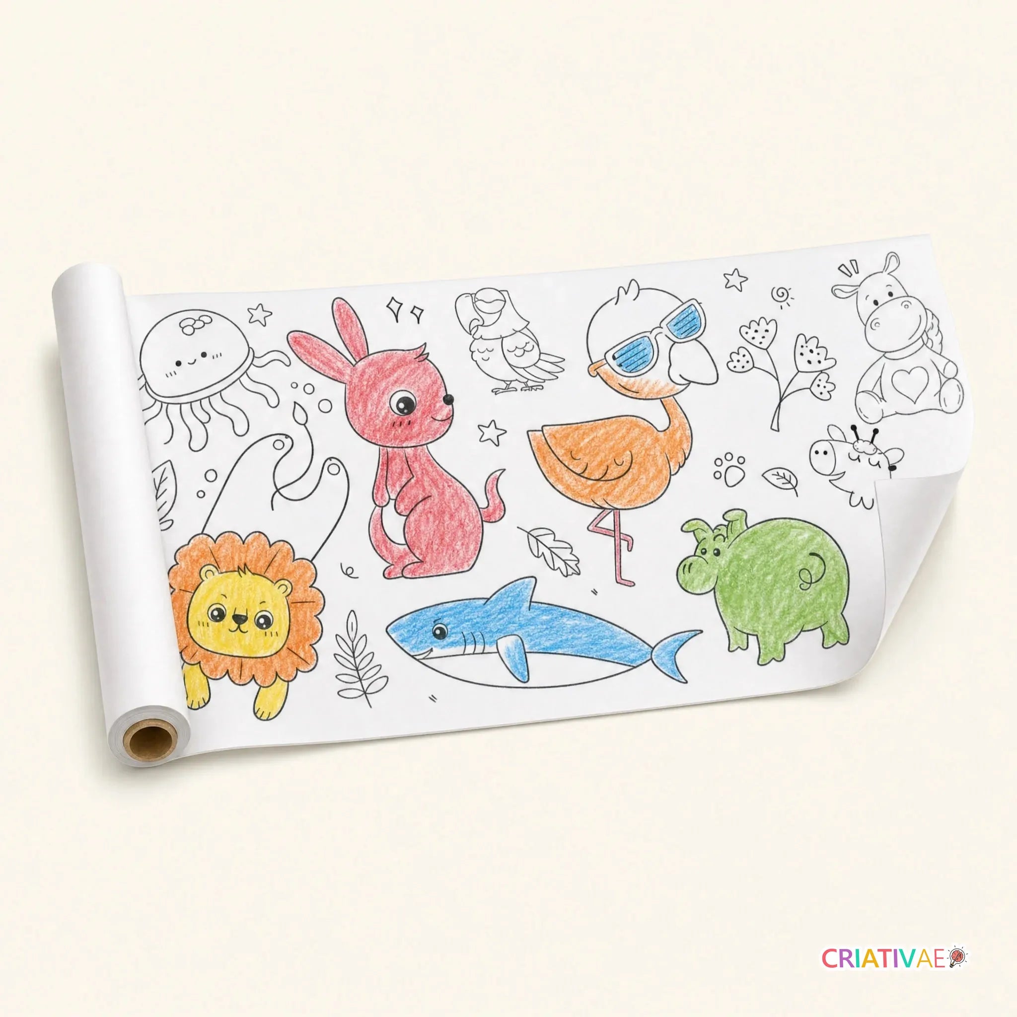 Bobina Criativa: rolo de colorir de 3 metros com desenhos de animais em traço para pintar