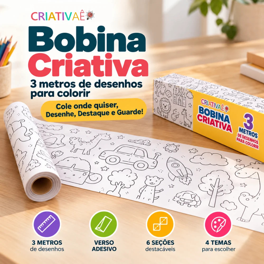 Bobina Criativa Criativaê - Rolo de Colorir de 3 Metros com Mais de 1000 Desenhos Coláveis