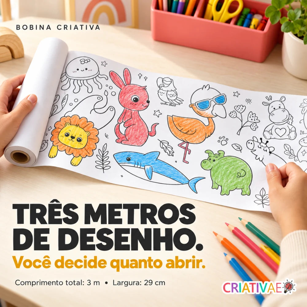 Bobina Criativa Criativaê - Rolo de Colorir de 3 Metros com Mais de 1000 Desenhos Coláveis