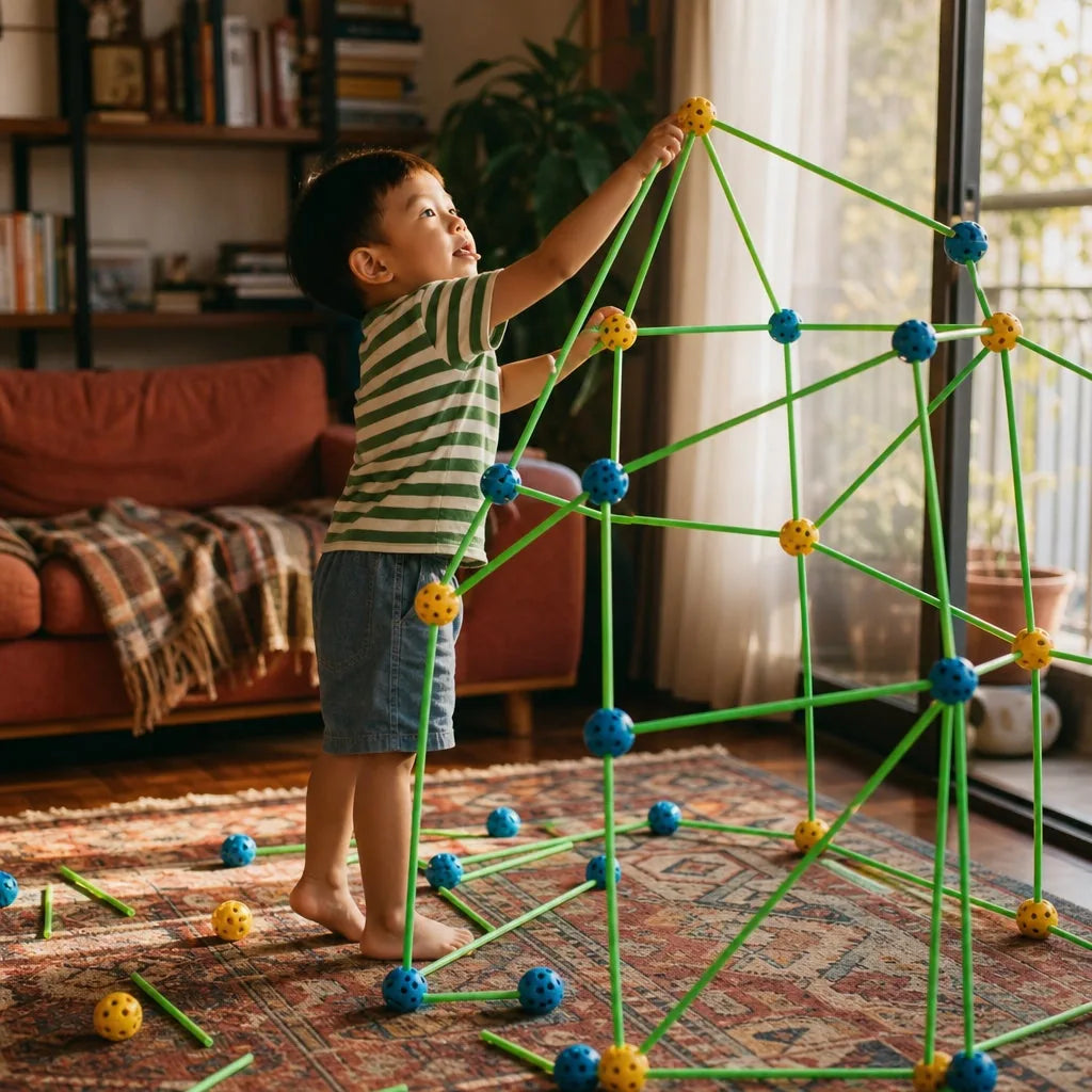 Menino encaixando haste verde na bola conectora da cabana Build It na sala de casa