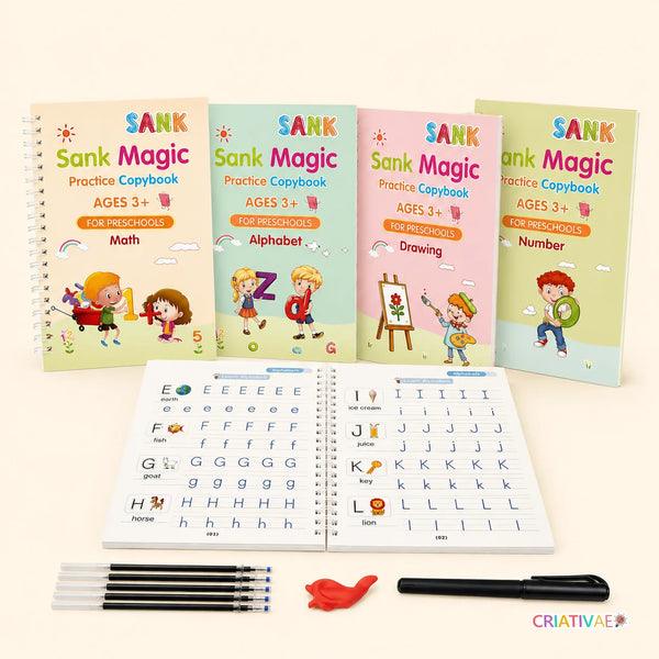 Cadernos Mágicos Criativaê - Kit 4 Cadernos de Caligrafia Reutilizáveis