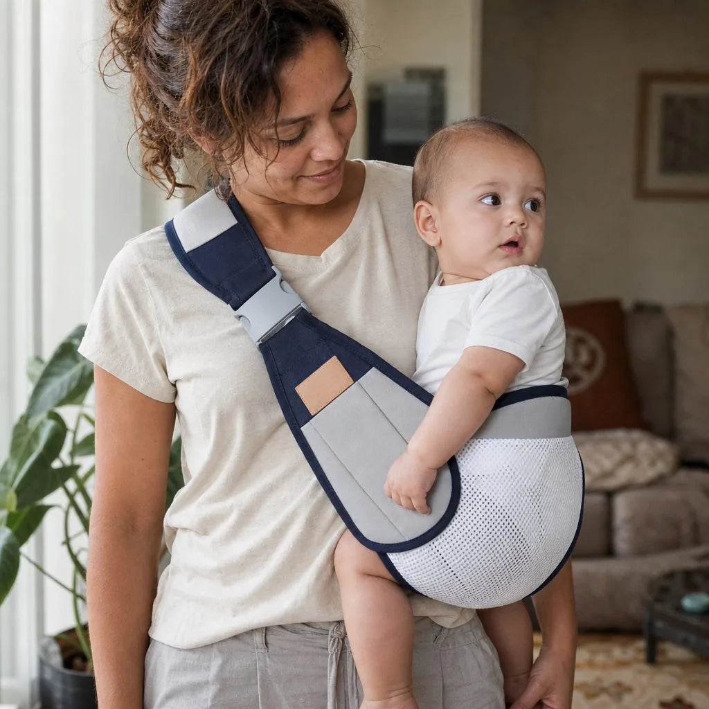 Mãe carregando bebê no sling ajustável Canguruko em casa