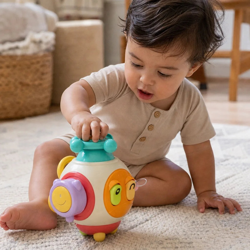 Bebê explorando a torneira giratória do CuboBaby Montessori, brinquedo sensorial interativo Criativaê