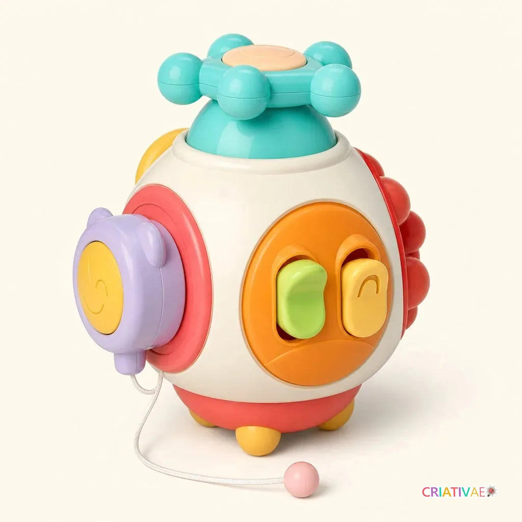 CuboBaby Montessori Interativo Multissensorial Criativaê, cubo de atividades sensoriais para bebês com torneira giratória, disco giratório e cordinha