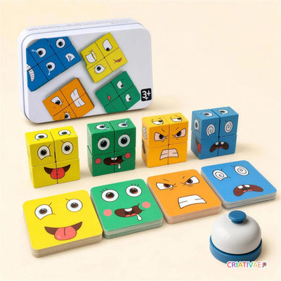 Jogo de expressões faciais Expressadinho com cubos de madeira, cards e sino em partida