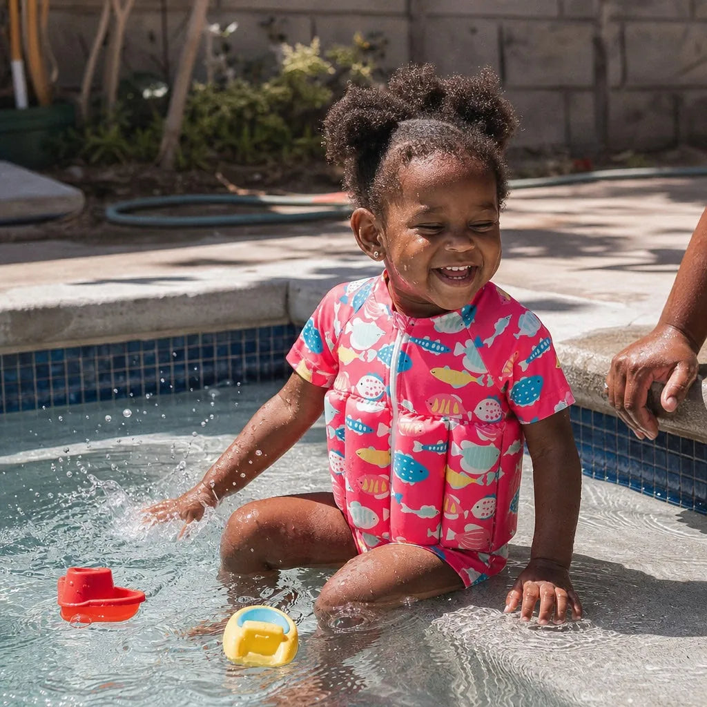Menina brincando na piscina usando a roupa de banho FlutuBoya com boias internas