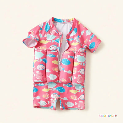 Roupa de banho FlutuBoya rosa manga curta com boias internas nas colunas do tronco