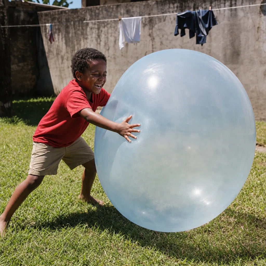 Menino brincando no quintal com a bola inflável gigante Gigantball azul