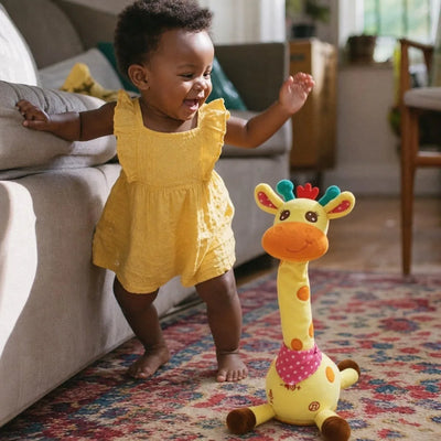 Bebê dançando e gargalhando com a Girafa Dançante e Falante na sala