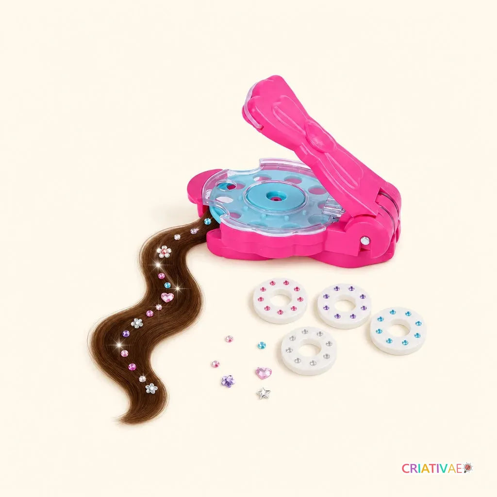 Aparelho Hair Glam aberto aplicando strass em mecha de cabelo castanha ondulada