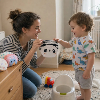 Bebê vestido pegando fraldinha de desfralde panda Criativaê com a mãe ao lado do peniquinho