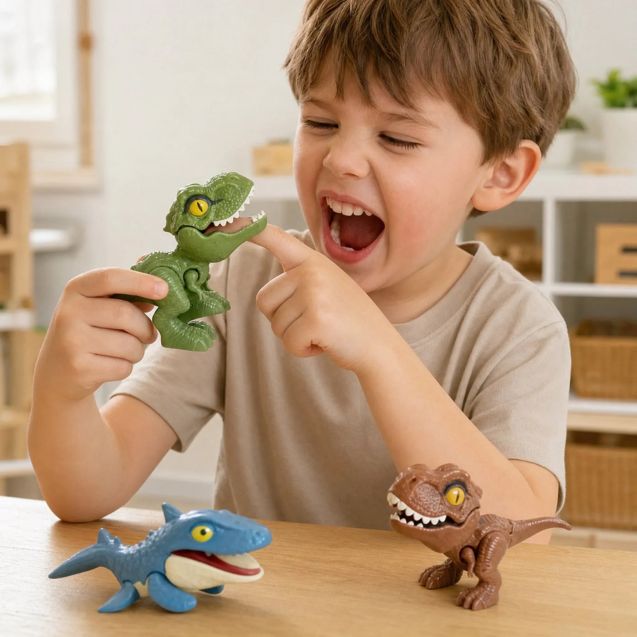 Menino rindo com dinossauro Nhacssauros mordendo o dedo indicador