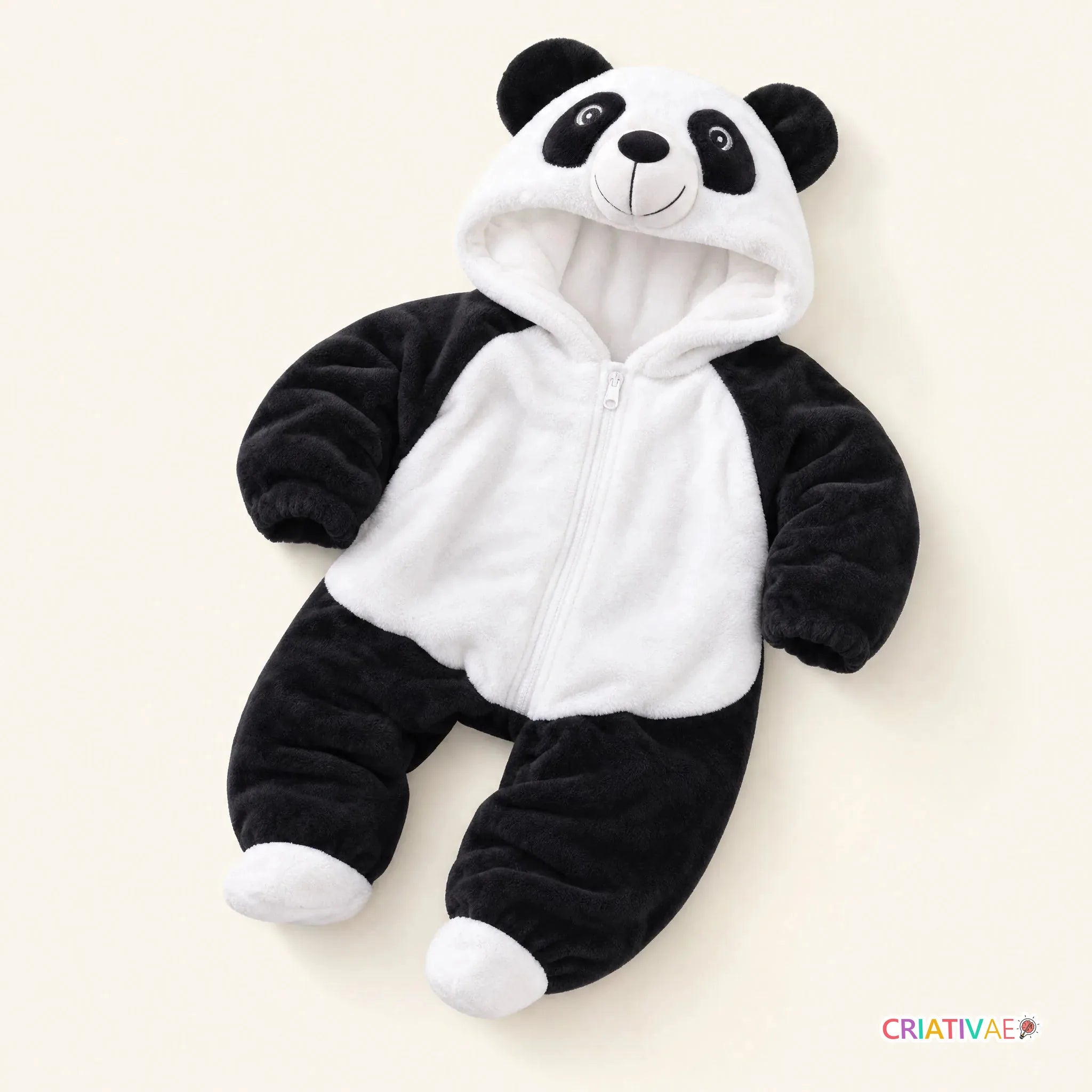 Macacão infantil Baby Bichinhos panda com capuz plush, vista frontal dobrado