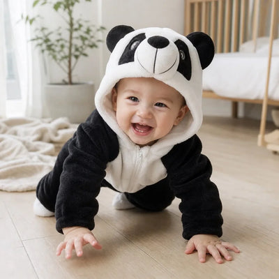 Bebê vestindo macacão Baby Bichinhos panda com capuz levantado, engatinhando no quarto