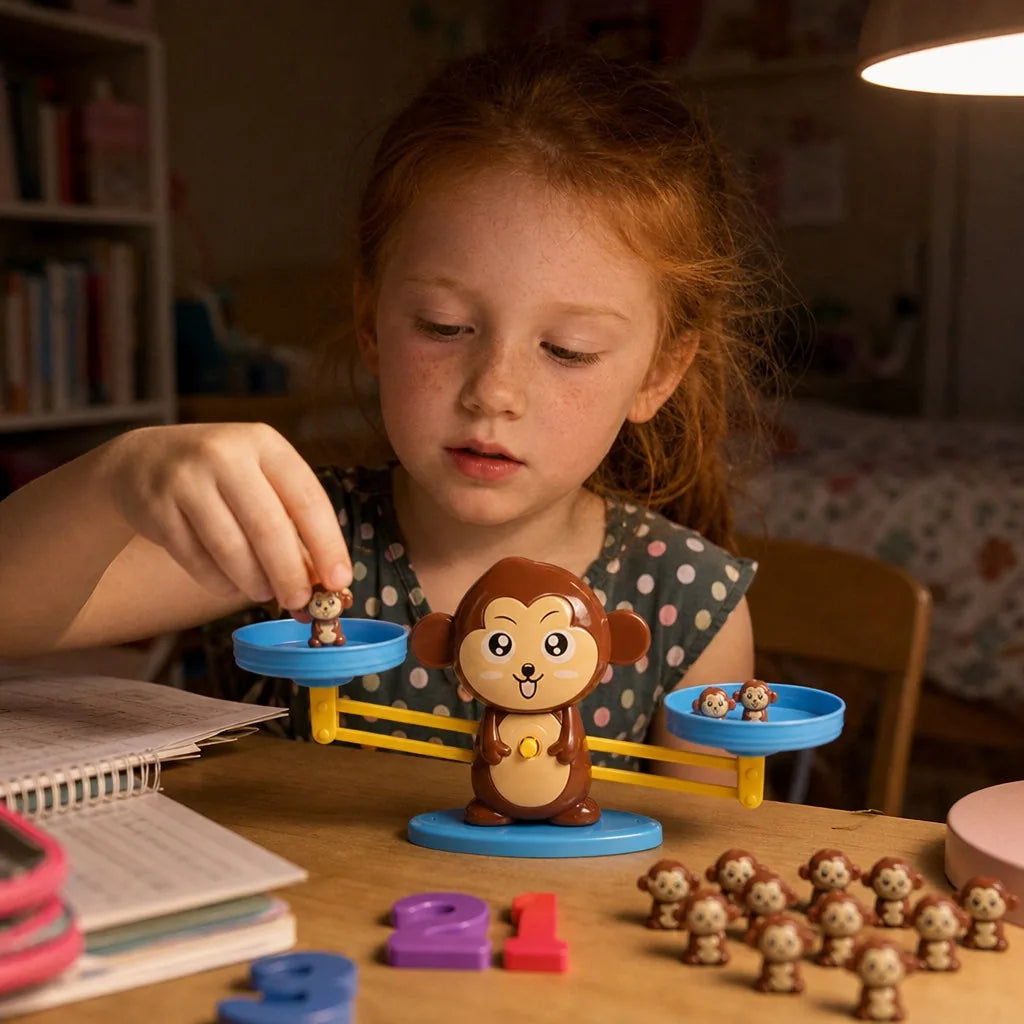 Menina brincando com a balança matemática Magic Calc na escrivaninha à noite