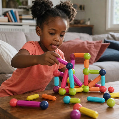 Criança montando estrutura com o Magna Kids Criativaê hastes e bolas magnéticas