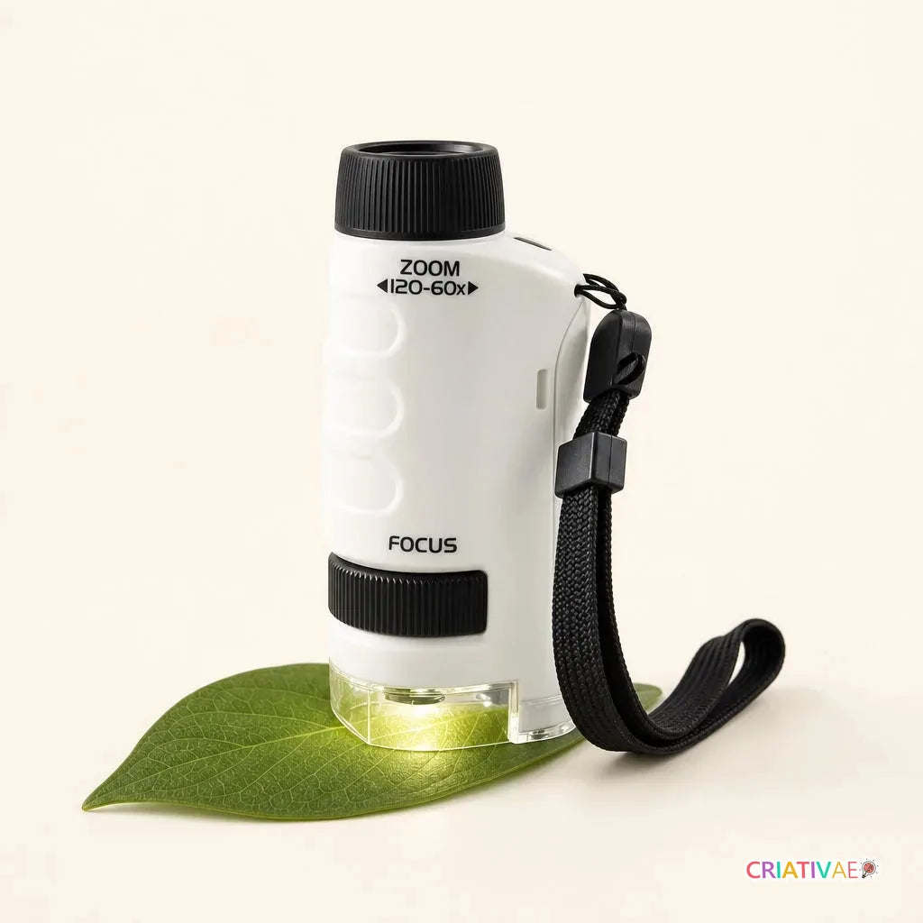 Microscópio portátil infantil Microscopic Criativaê branco com LED apoiado sobre folha verde