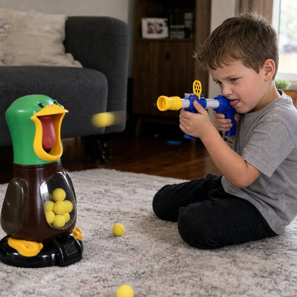 Menino mirando no Mira Duck com o lançador de bolinhas