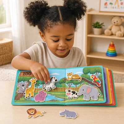 Criança brincando com o livro Montessori QuietBook fixando peça de zebra na página de velcro