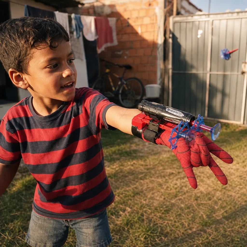 Criança brincando com o lançador de teia Spider Shot Criativaê no quintal